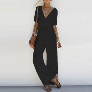 Fashion Women V Neck Loose Jumpsuit