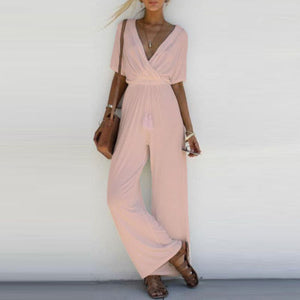 Fashion Women V Neck Loose Jumpsuit